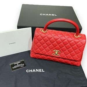 EUC Chanel Small Coco Quilted Caviar Leather Top Handle Bag in Red